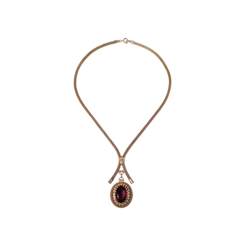 1970s Faceted Purple Glass Crystal & Gold Plated Mesh Victorian Pendant Necklace